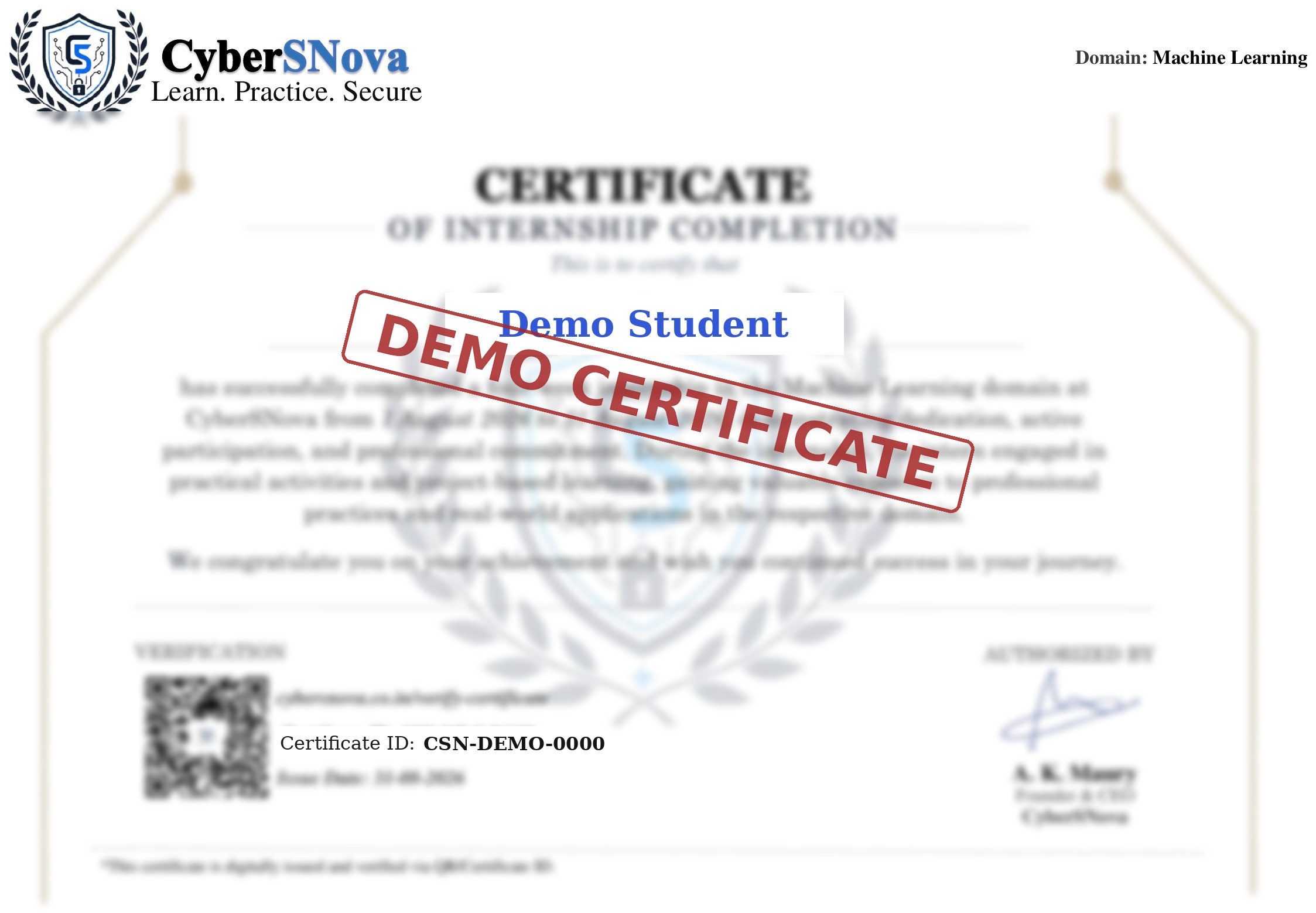 Sample CyberSNova internship completion certificate